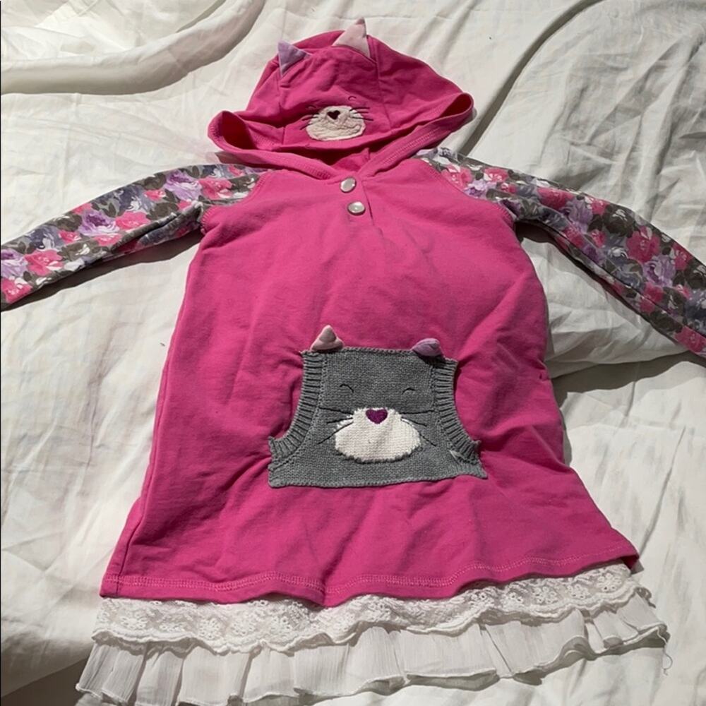 Deux par Deux 2 hot pink cat dress w/hood worn 1